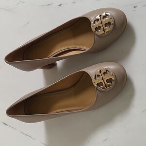 Tory Burch Taupe Heels with Gold Logo